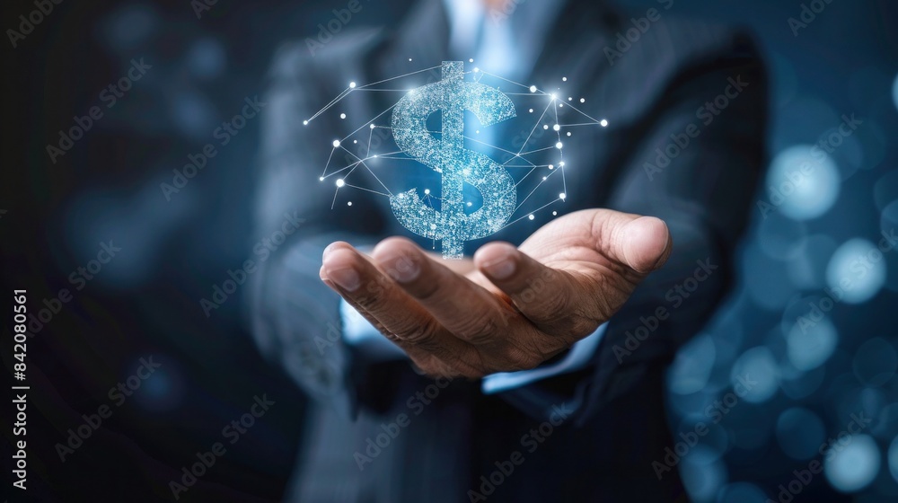 Digital marketing Business and financial element Financial technology with close-up businessman hand holding Business and financial icons Digital marketing Business and financial element Financial technology with close-up businessman hand holding Business and financial icons