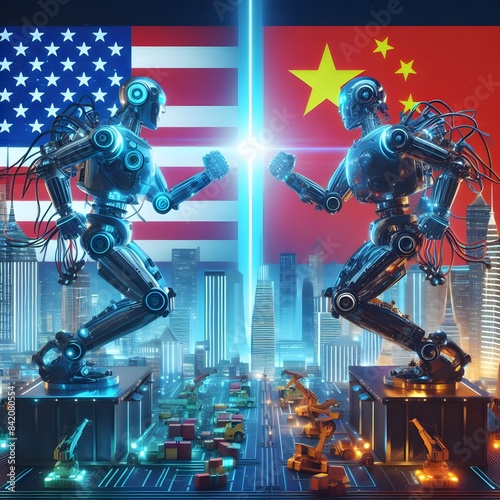 Robotics and technology competition between America and China. Generative AI illustration.	