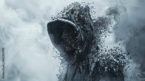 As the hooded figure dissolves into pixels, the enigma of identity in the digital age becomes clearer, blurring the lines between reality and virtual existence.