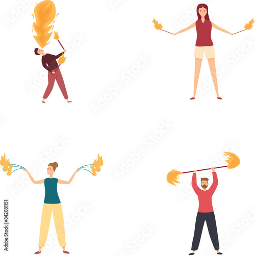Vector collection of four individuals showcasing fire juggling and performance skills