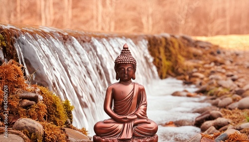 figure of a buddha with a waterfall in the background photo