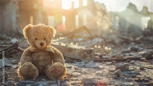 Teddy bear toy amidst city devastation symbol of innocence after war or disaster, peace concept