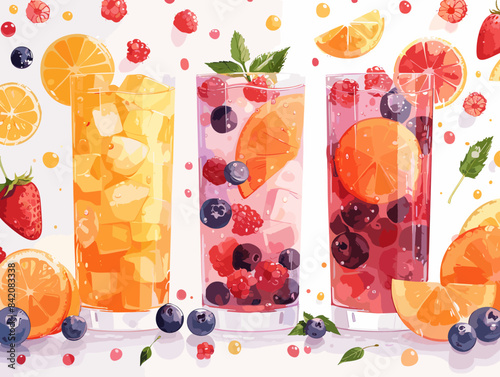 Three colorful drinks with fruit in them are shown in a glass. The drinks are arranged in a row, with the first drink being a blueberry drink, the second drink being a strawberry drink