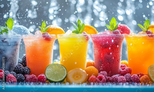 summer cool slush or smoothie iced fruit juice dispenser machine for refreshing chilled drinks in multi colored containers - Generative AI