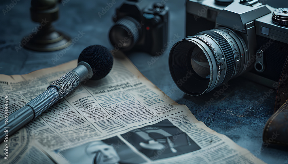 Newspaper with microphone and photo camera on dark background, c