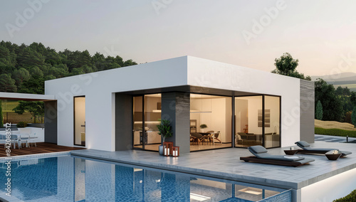 Modern white house with swimming pool. Created with Ai © Digital Canvas
