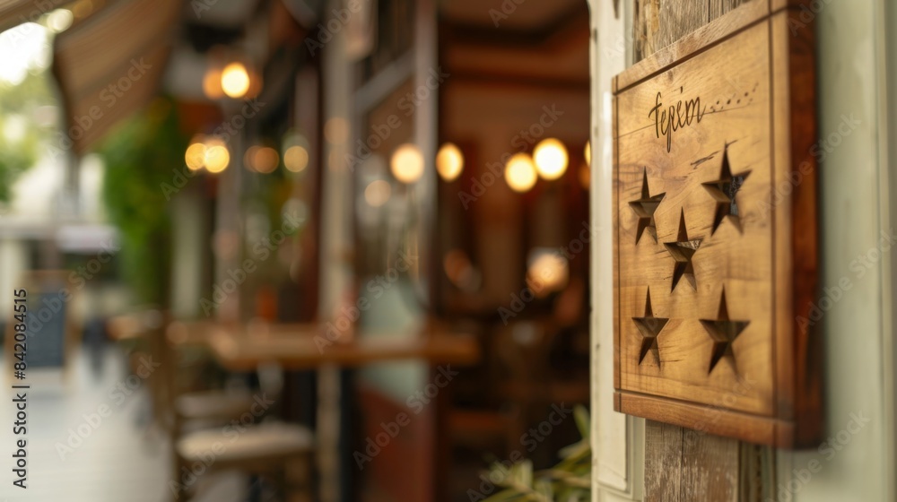 A wooden sign with cut-out stars hangs on the wall of a restaurant. The sign has the word tequim written on it. The restaurant interior is visible in the background, out of focus. A wooden sign with cut-out stars hangs on the wall of a restaurant. The sign has the word tequim written on it. The restaurant interior is visible in the background, out of focus.