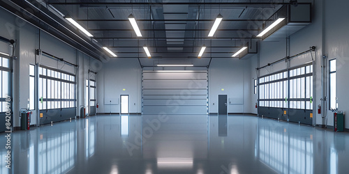 modern spacious american garage with suspended panel lights in the ceiling and fluorescent lights, clean