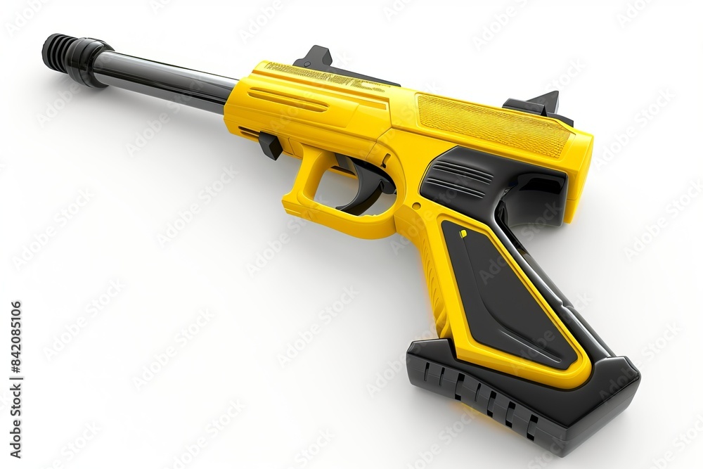 Close-up of futuristic yellow toy gun, isolated on white background. Conceptual and modern design. Perfect for games or imaginative play. Detailed and high-quality imagery. Generative AI Close-up of futuristic yellow toy gun, isolated on white background. Conceptual and modern design. Perfect for games or imaginative play. Detailed and high-quality imagery. Generative AI