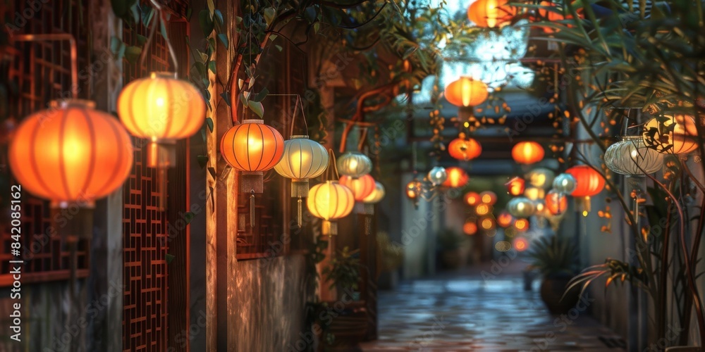 A tranquil alleyway adorned with exotic lanterns A tranquil alleyway adorned with exotic lanterns