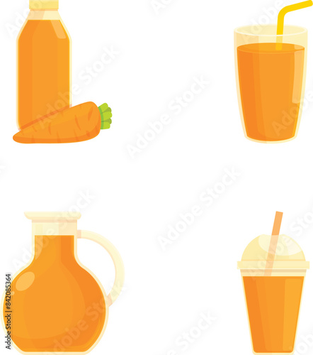Vector set of different containers with fresh carrot juice
