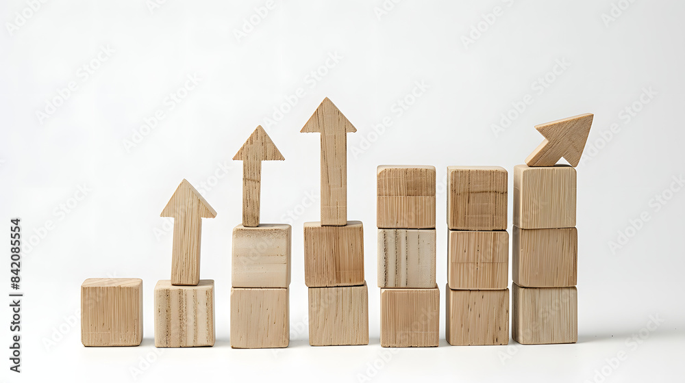 A set of wooden blocks are arranged in the shape of an upward trending graph. with arrows pointing upwards to show growth and progress towards a goal or target A set of wooden blocks are arranged in the shape of an upward trending graph. with arrows pointing upwards to show growth and progress towards a goal or target