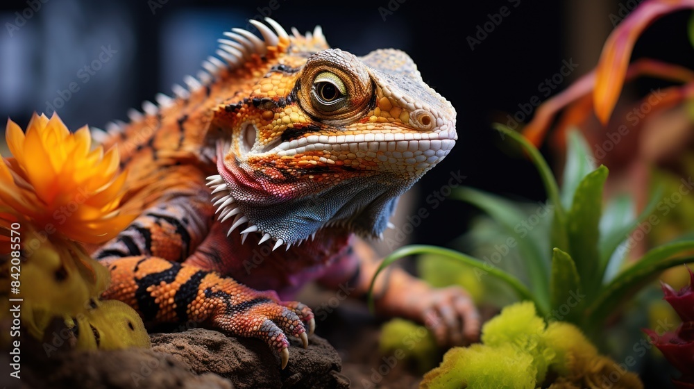 A colorful lizard is laying on the ground next to some plants