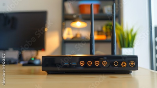 A close-up of a black wireless router with antennas, sitting on a wooden desk in a home office setting. The router is illuminated by a lamp in the background.
