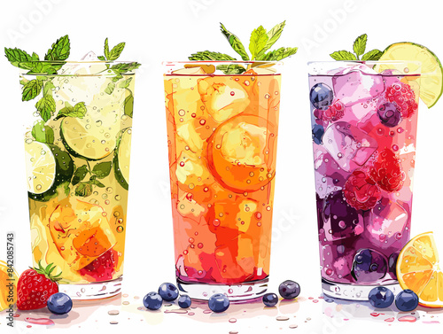 Three colorful drinks in tall glasses with fruit garnish