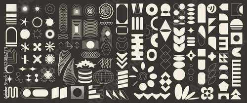 Big set of 100 brutalist abstract geometric elements, brutal contemporary figure, swiss design , bauhaus memphis shapes and grids, isolated, black and white