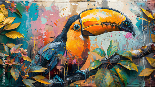 A vibrant toucan perched against a colorful background, showcasing its bright plumage and striking beak in a lively, tropical setting. Perfect for nature, wildlife, and exotic themes photo