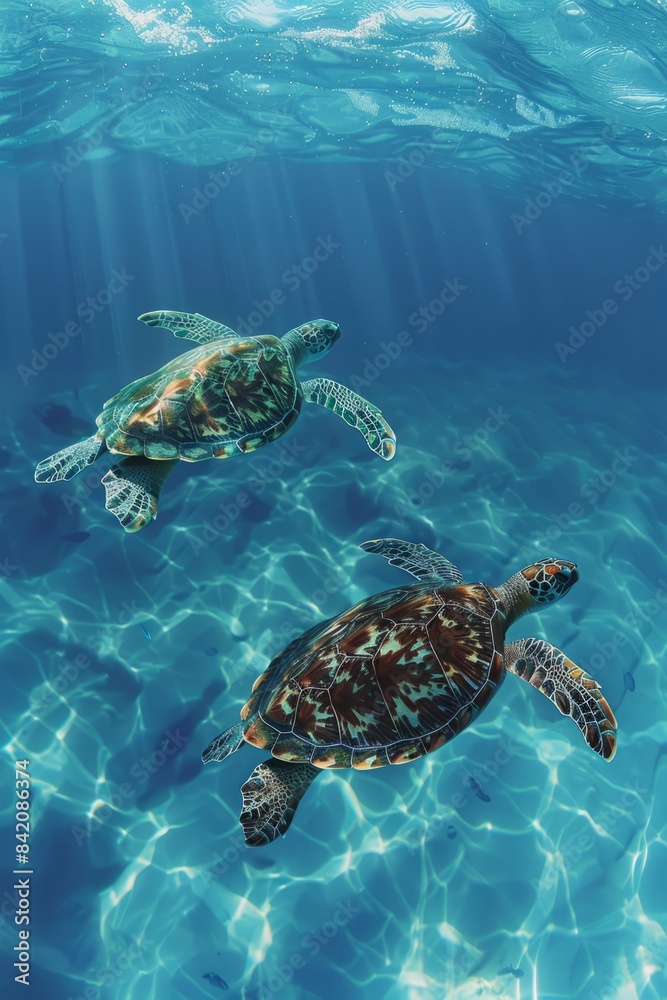 Sea turtles calmly swimming in the sunlit blue waters of the ocean, exemplifying wildlife beauty Sea turtles calmly swimming in the sunlit blue waters of the ocean, exemplifying wildlife beauty