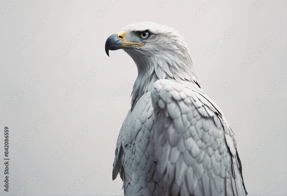 Obraz premium The image is a close-up of a bald eagle's head and shoulders. The eagle is looking to the right of the frame. Its feathers are dark brown and its beak and talons are yellow. The background is a gradie
