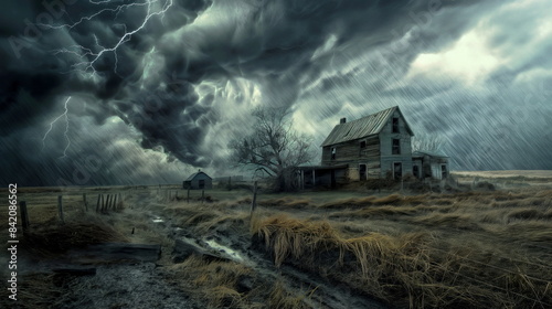 apocalyptic storm rolling over a deserted farm