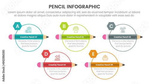 pencil education infographic 4 point stage template with big outline circle up and down horizontal direction for slide presentation