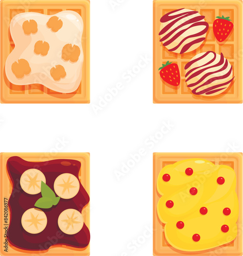 Collection of belgian waffles with various sweet toppings, isolated on a white background
