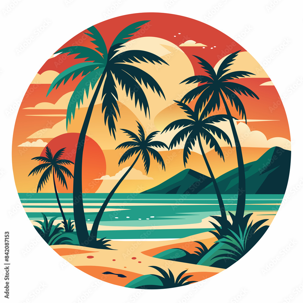 A tranquil beach scene is encapsulated within a circle