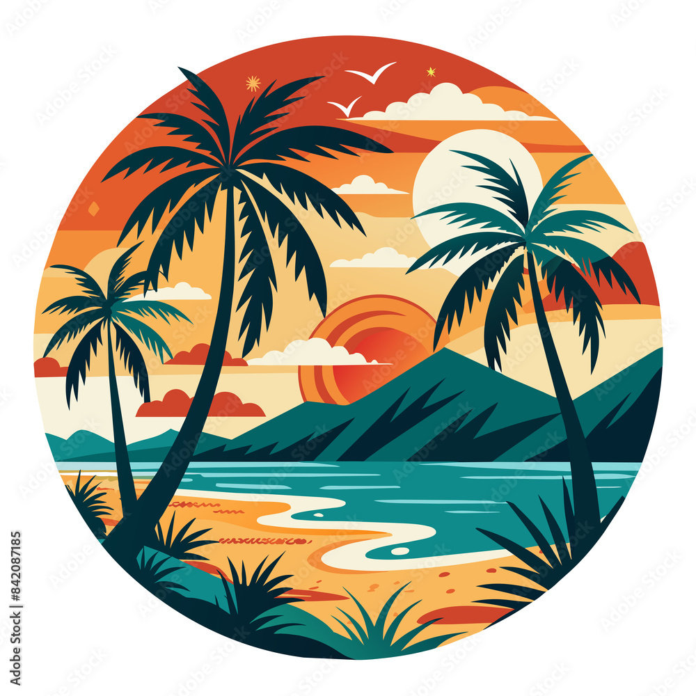 A tranquil beach scene is encapsulated within a circle A tranquil beach scene is encapsulated within a circle