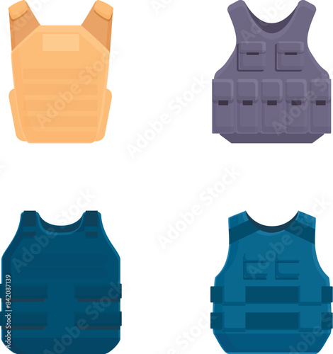 Illustration of four different styles of bulletproof vests in various colors
