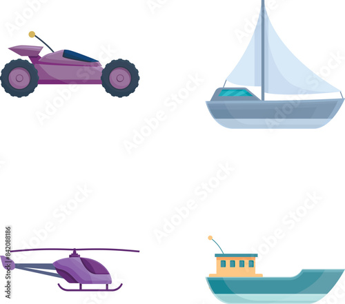 Set of four colorful icons depicting a sports car, sailboat, helicopter, and ship