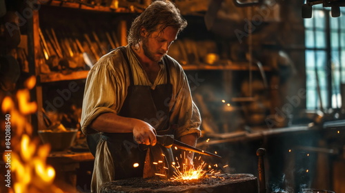 medieval blacksmith forging weapons in workshop