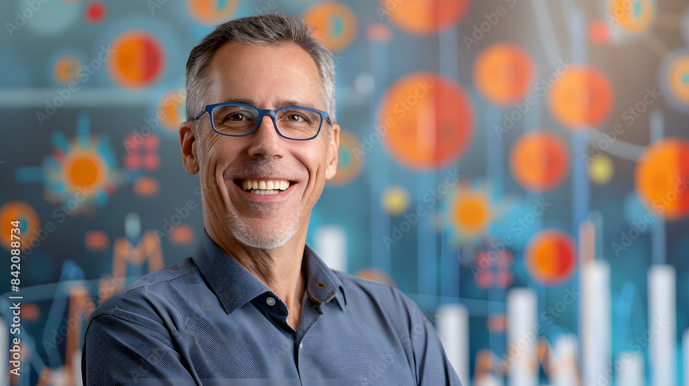 A smiling middle-aged man in glasses. wearing business casual attire and standing against an abstract background with graphs or charts floating above his head A smiling middle-aged man in glasses. wearing business casual attire and standing against an abstract background with graphs or charts floating above his head