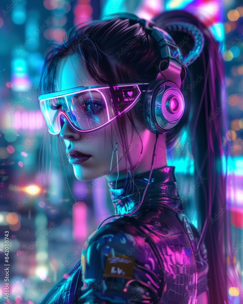 Vibrant cyberpunk-themed digital artwork featuring a woman with headphones and neon accents reflecting a futuristic aesthetic Vibrant cyberpunk-themed digital artwork featuring a woman with headphones and neon accents reflecting a futuristic aesthetic