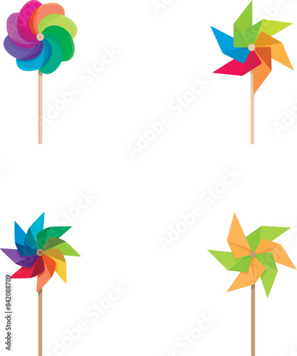 Collection of four vibrant pinwheels in different color schemes isolated on a white backdrop