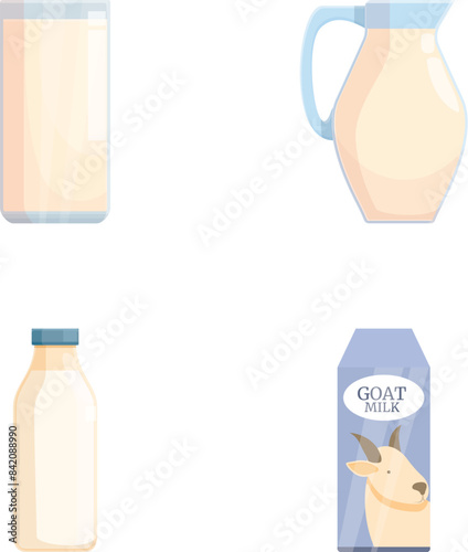 Set of four milk containers including a glass, jug, bottle, and carton with goat milk label