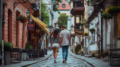 Romantic couple walking the streets of the old town, holding hands © Mars0hod