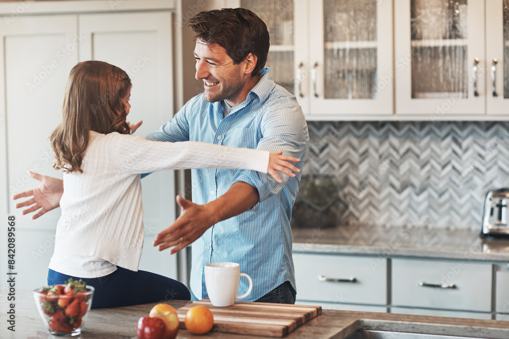 Father, girl and hug in kitchen for love, conversation and support for relationship in home. Daddy, daughter and together for care or security and childcare, speaking and bonding in family house Father, girl and hug in kitchen for love, conversation and support for relationship in home. Daddy, daughter and together for care or security and childcare, speaking and bonding in family house