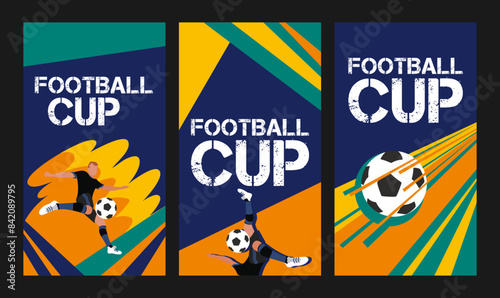 Vector set of designs dedicated to the football cup for web and print: poster, flyer, leaflet, etc. Bright and dynamic banners with illustration elements for use in business and marketing.