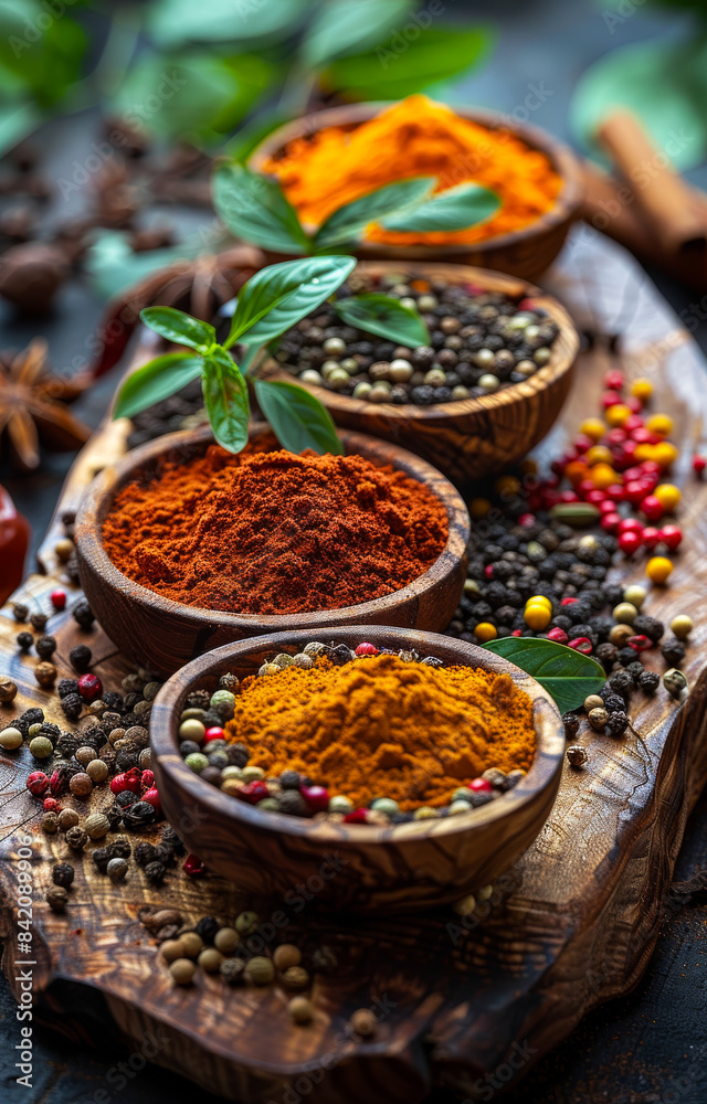 Selection of various colorful spices on wooden table in bowls Selection of various colorful spices on wooden table in bowls