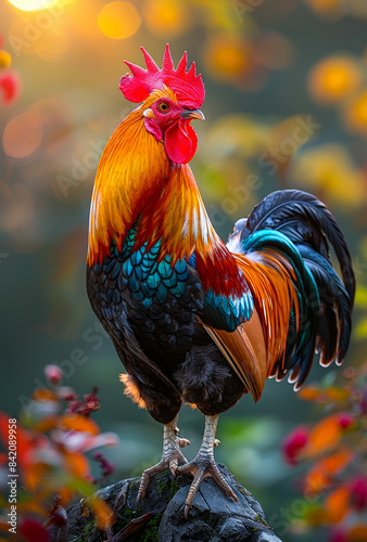 Rooster crowing on the rock with colorful background © Анна Терелюк