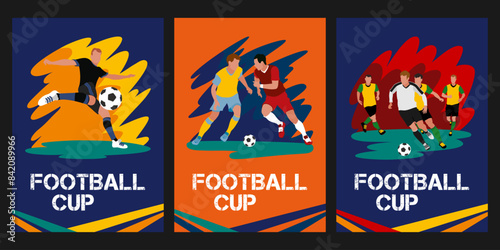 Vector set of designs dedicated to the football cup for web and print: poster, flyer, leaflet, etc. Bright and dynamic banners with illustration elements for use in business and marketing.