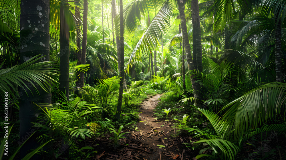 A tropical rainforest with lush greenery and palm trees. a dirt path leading through the dense foliage A tropical rainforest with lush greenery and palm trees. a dirt path leading through the dense foliage