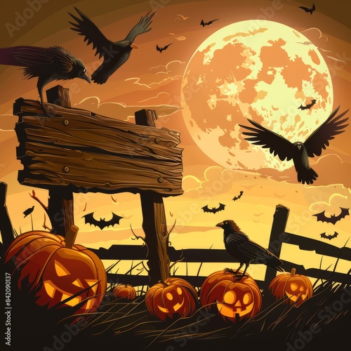 A colorful artwork capturing a Halloween theme with pumpkins, crows, and a large moon rising behind at sunset photo