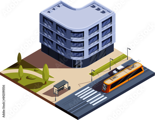 isometric isolated icon with residential building and street with car and tram, vector illustration
