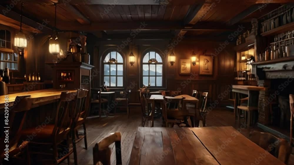 Rustic Pub Interior with Wooden Bar, Arched Windows, and Warm Lighting Rustic Pub Interior with Wooden Bar, Arched Windows, and Warm Lighting