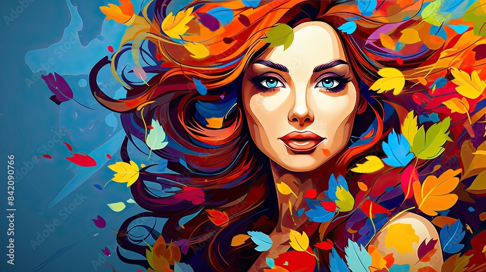 A beautiful woman with colorful leaves in her hair,