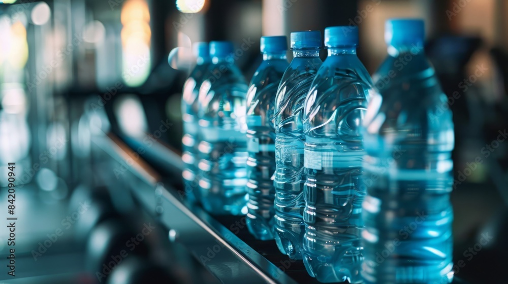 A close-up view of a conveyor belt with rows of bottled water, showcasing the manufacturing process. A close-up view of a conveyor belt with rows of bottled water, showcasing the manufacturing process.