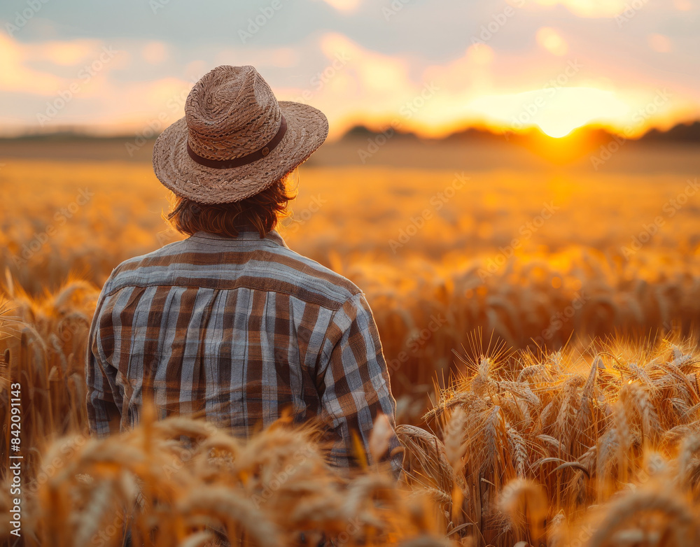 Fototapeta premium Farmer standing in wheat field looking at sunset