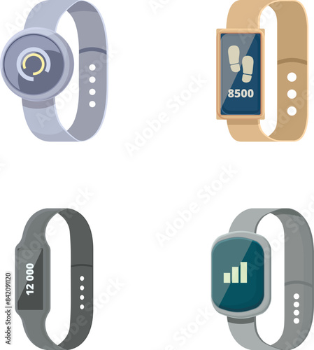Set of four vector icons representing modern fitness trackers with various screen designs