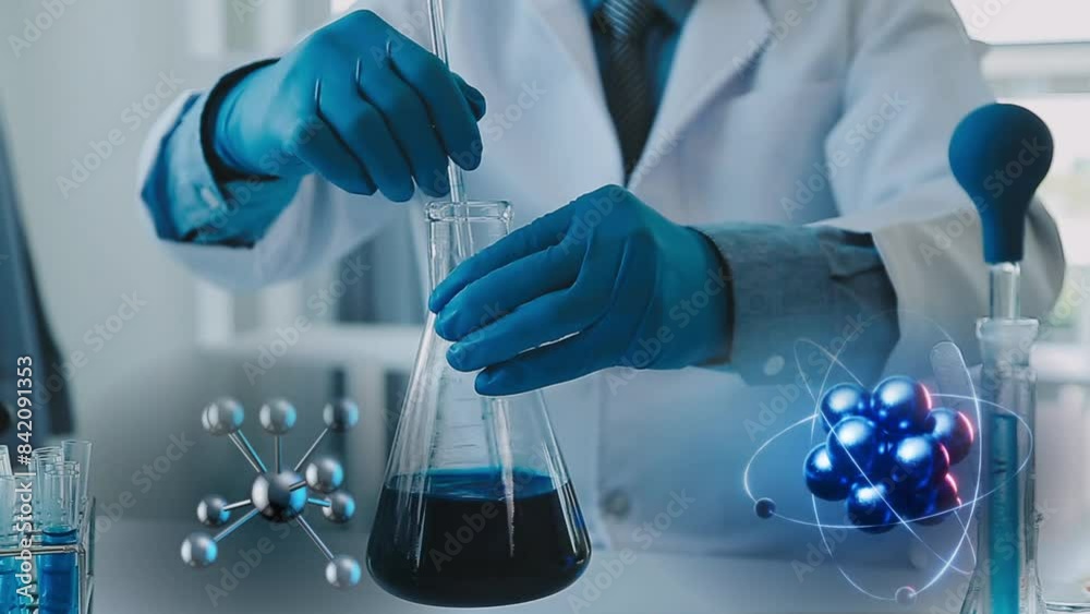 Investigador con delantal blanco y guantes azules, mezclando componentes  en un matraz, con su microscopio y pipeta al lado. Molécula y átomo girando. Laboratorio de Investigación medicinal y química 